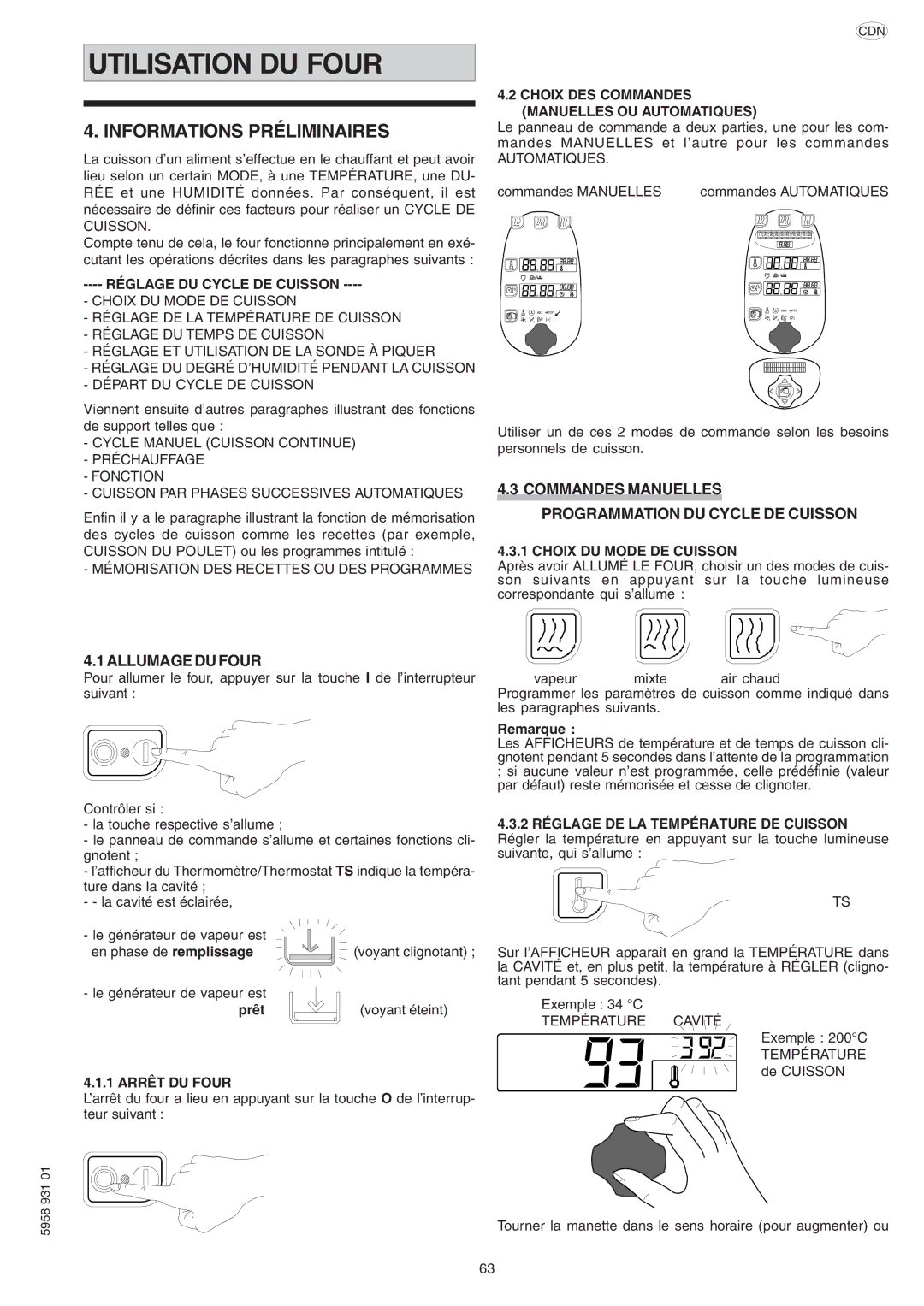 Electrolux ELECTRICS HEATED STEAM CONVECTION OVEN manual Utilisation DU Four, Informations Préliminaires, Allumage DU Four 