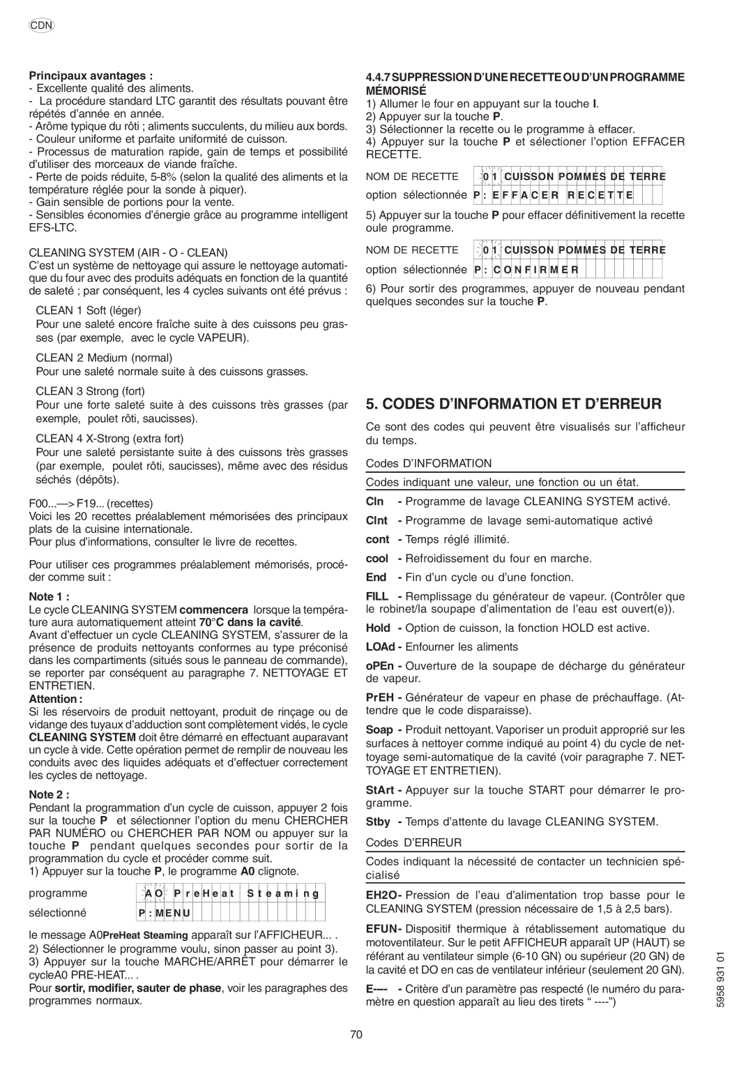 Electrolux ELECTRICS HEATED STEAM CONVECTION OVEN manual Codes D’INFORMATION ET D’ERREUR, Principaux avantages, Programme 