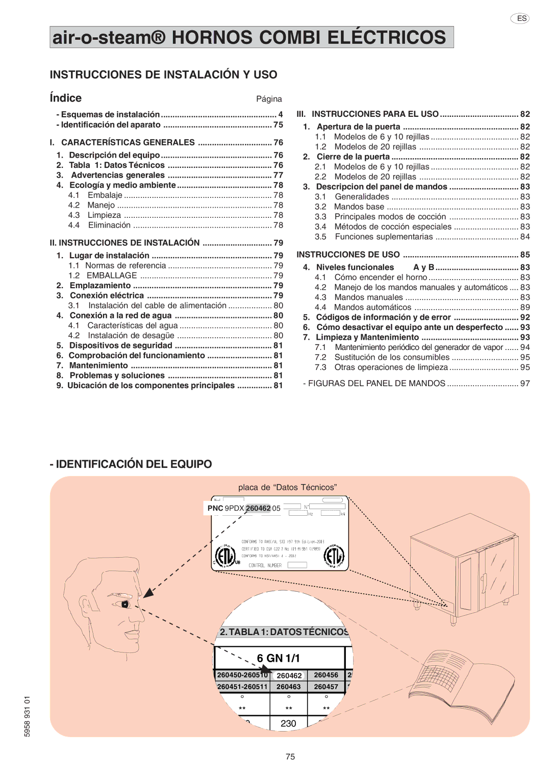 Electrolux ELECTRICS HEATED STEAM CONVECTION OVEN manual Instrucciones DE Instalación Y USO, Identificación DEL Equipo 