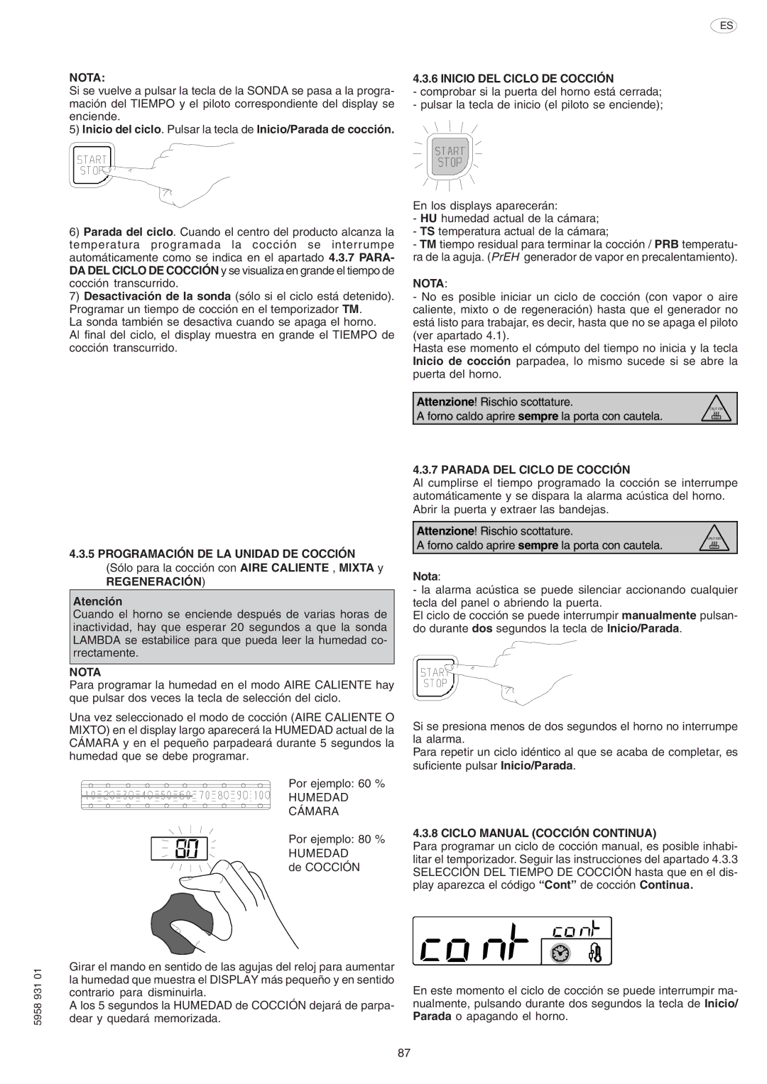 Electrolux ELECTRICS HEATED STEAM CONVECTION OVEN manual Nota Inicio DEL Ciclo DE Cocción, Regeneración, Humedad Cámara 