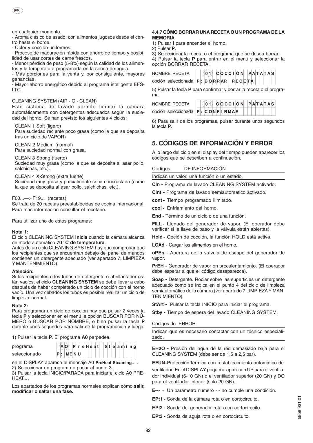 Electrolux ELECTRICS HEATED STEAM CONVECTION OVEN manual Códigos DE Información Y Error, Tenimiento 