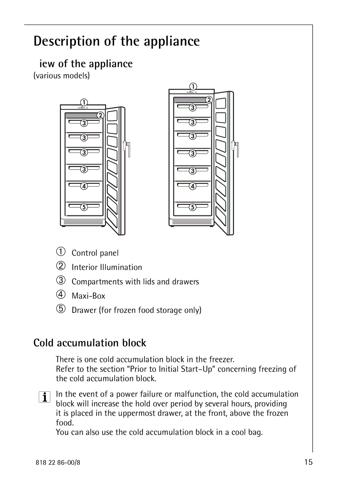 Electrolux Electronic Freezer no_frost manual Description of the appliance, View of the appliance, Cold accumulation block 