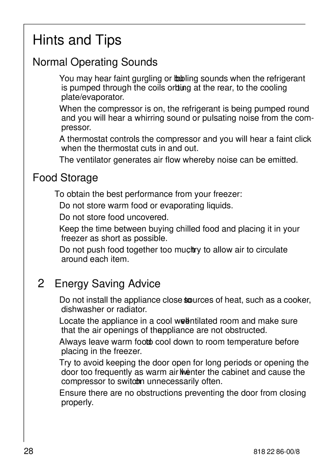 Electrolux Electronic Freezer no_frost manual Hints and Tips, Normal Operating Sounds, Food Storage, Energy Saving Advice 