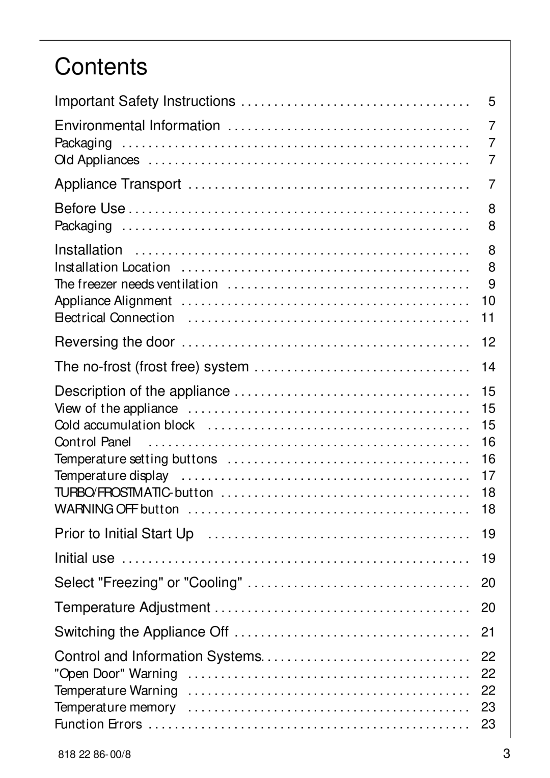 Electrolux Electronic Freezer no_frost manual Contents 