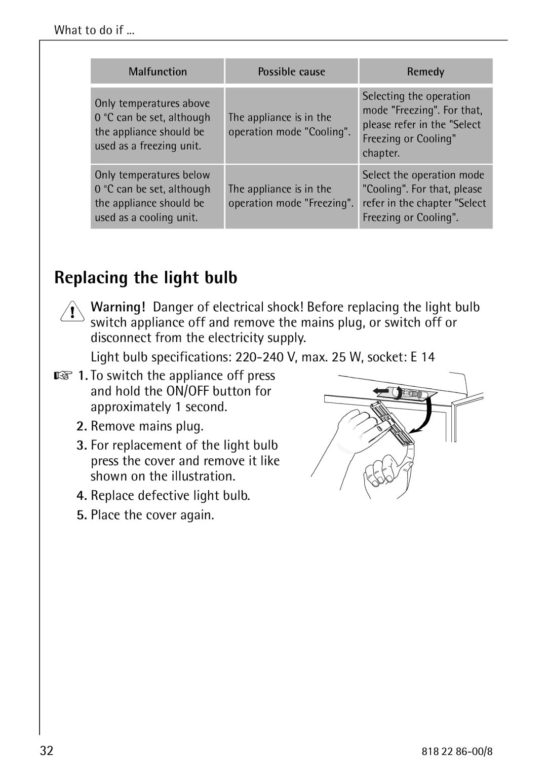 Electrolux Electronic Freezer no_frost manual Replacing the light bulb, Replace defective light bulb Place the cover again 