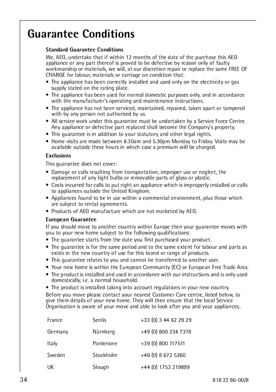 Electrolux Electronic Freezer no_frost manual Standard Guarantee Conditions 