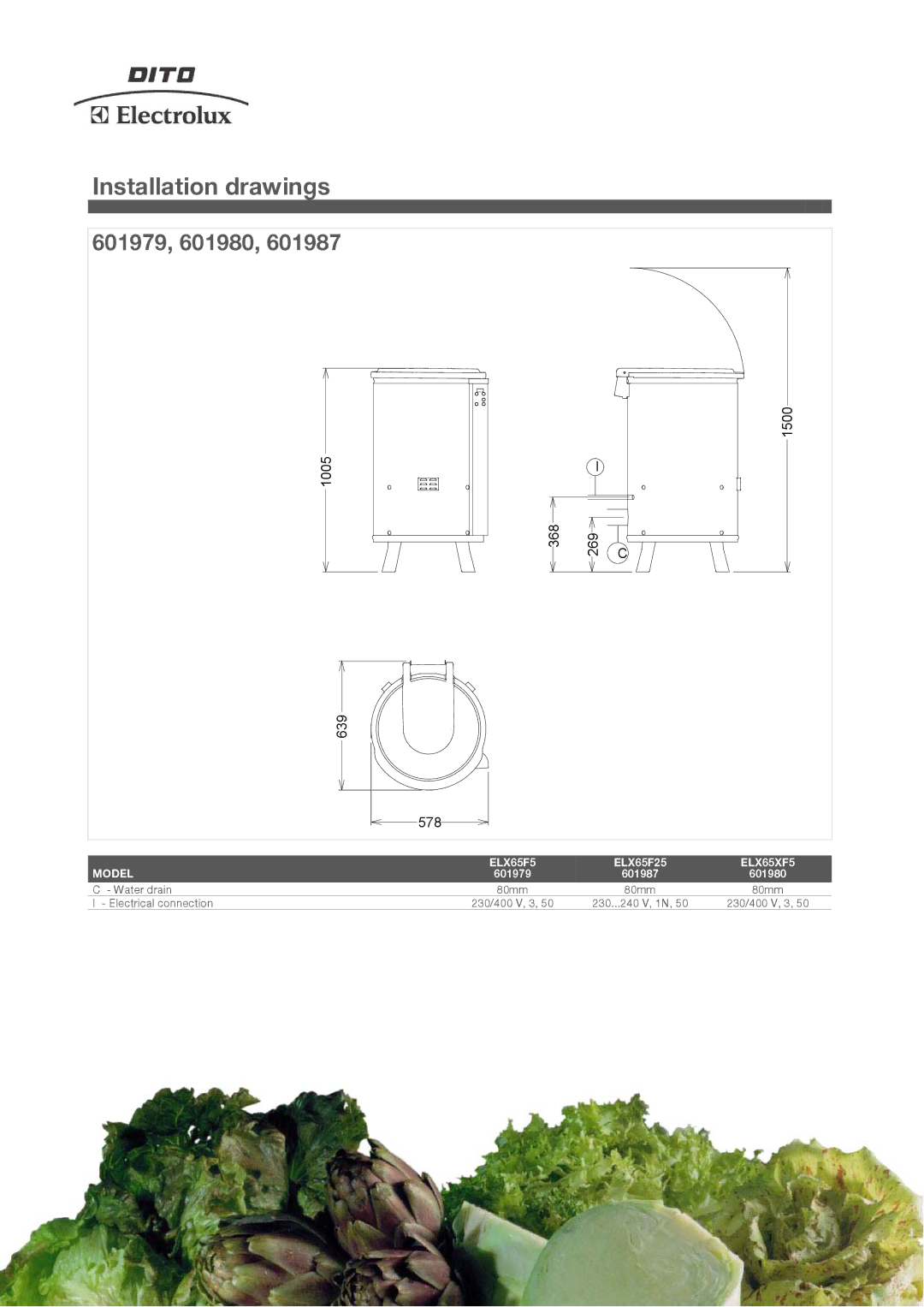 Electrolux ELX65F25, ELX65XF5, ELX65F5, 601987 manual Installation drawings, 601979, 601980 