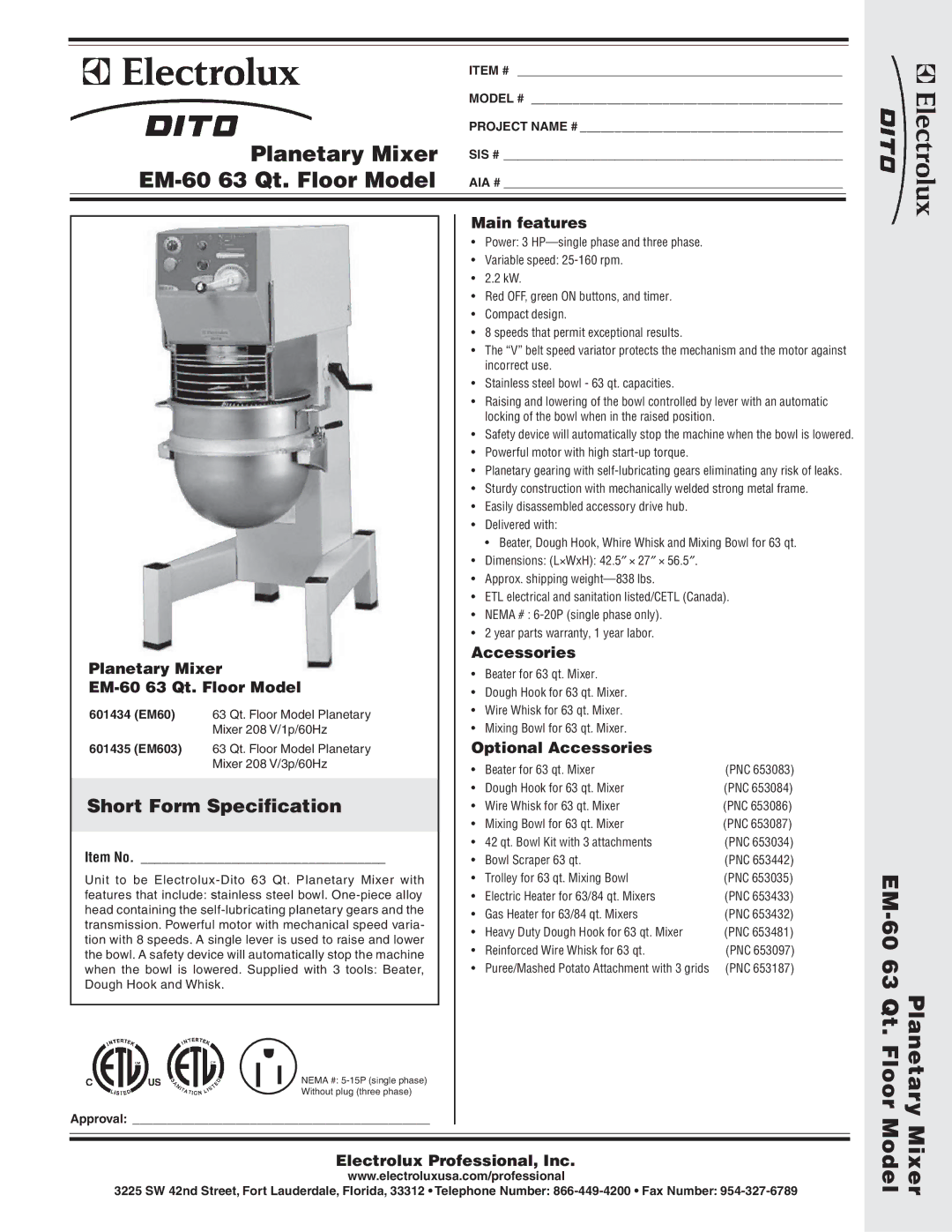 Electrolux EM603, 601435, 601434 dimensions Planetary Mixer EM-60 63 Qt. Floor Model, Short Form Specification 