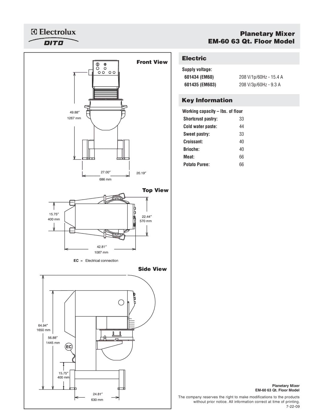 Electrolux 601435, EM603, 601434 dimensions Planetary Mixer EM-60 63 Qt. Floor Model, Front View, Top View, Side View 