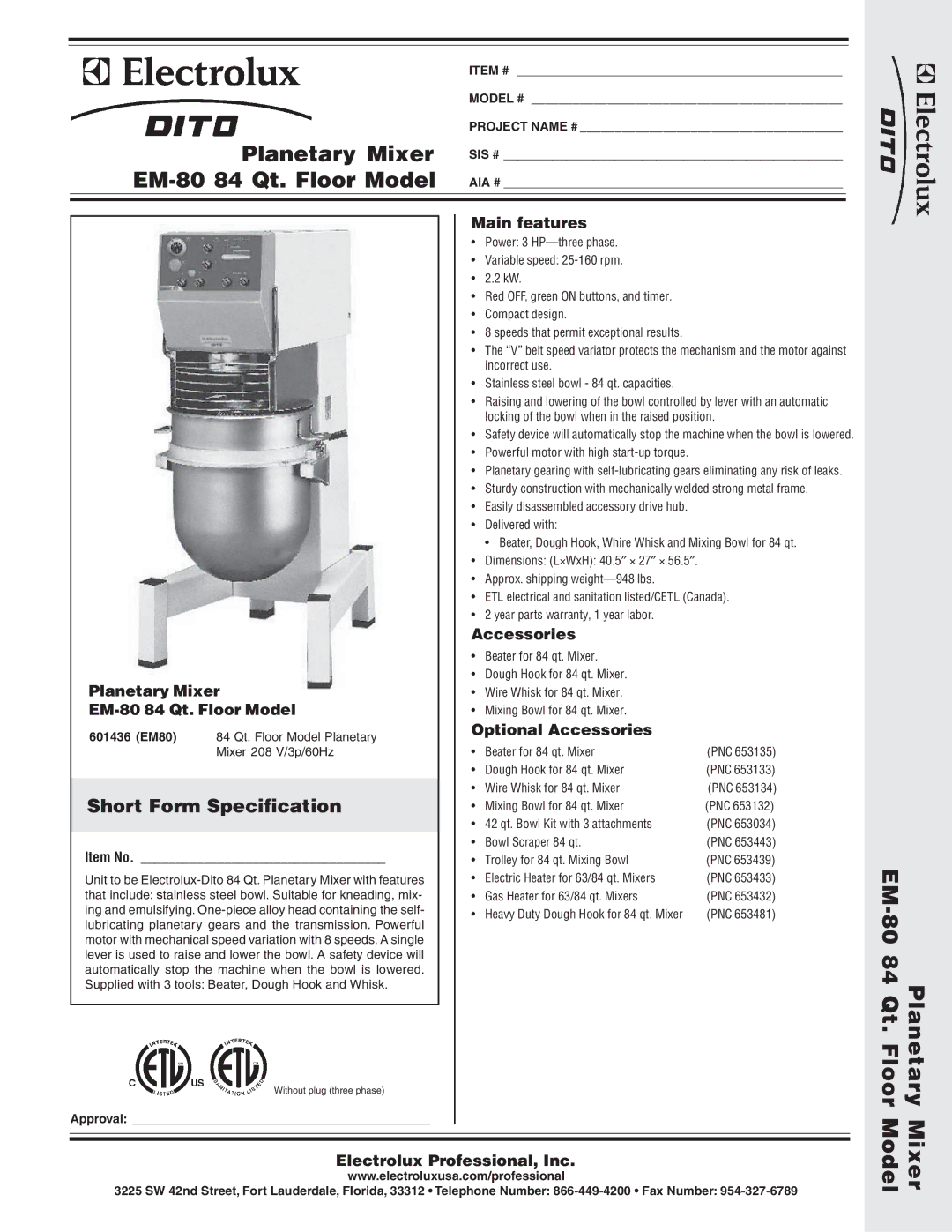 Electrolux 601436 dimensions Planetary Mixer EM-80 84 Qt. Floor Model, Short Form Specification 