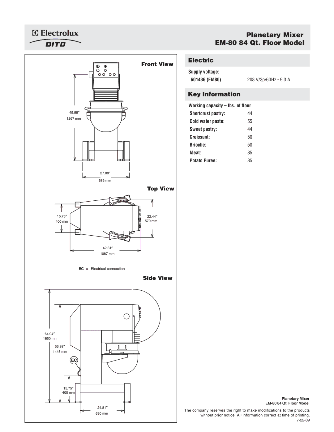 Electrolux 601436 dimensions Planetary Mixer EM-80 84 Qt. Floor Model, Front View Top View Side View 