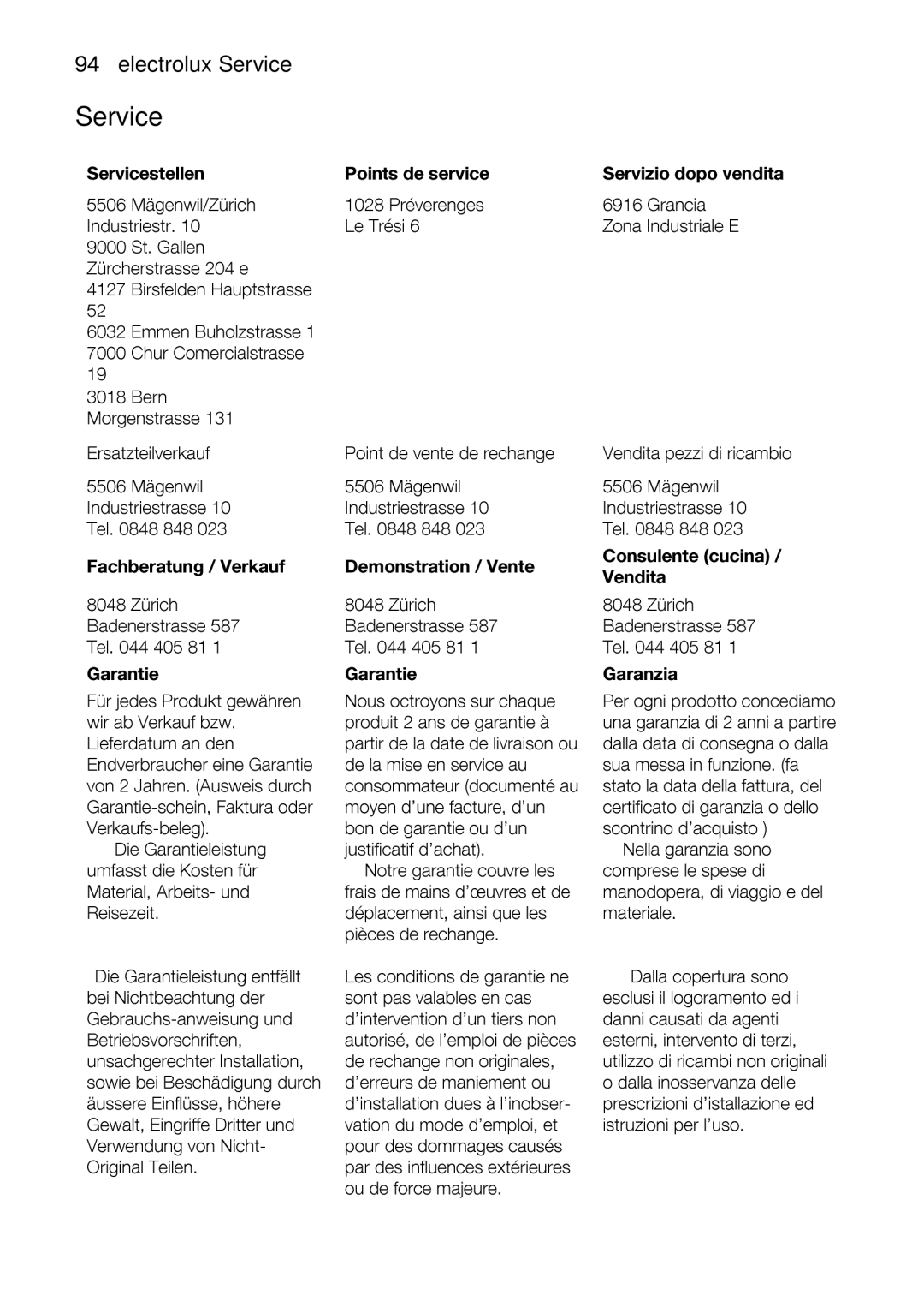 Electrolux EMM1100 user manual Service94electroluxService, UmfasstdieKotenfür, Bde, Garantie 