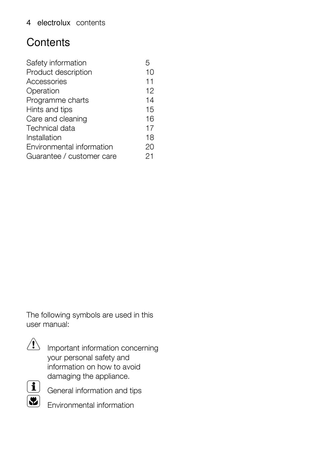 Electrolux EMM1100 user manual 4Contentselectroluxcontents 