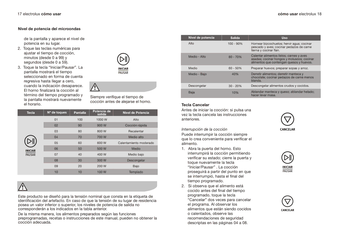 Electrolux EMMN121D2SMM manual Nivel de potencia del microondas, Tecla Cancelar, Interrupción de la cocción 