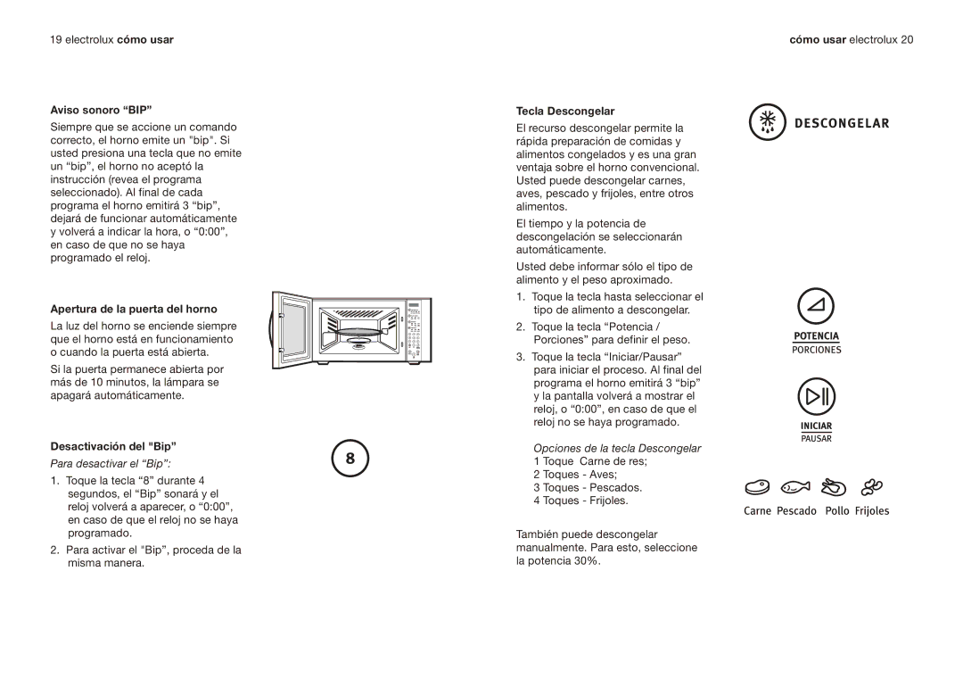 Electrolux EMMN121D2SMM manual Aviso sonoro BIP, Apertura de la puerta del horno, Desactivación del Bip, Tecla Descongelar 