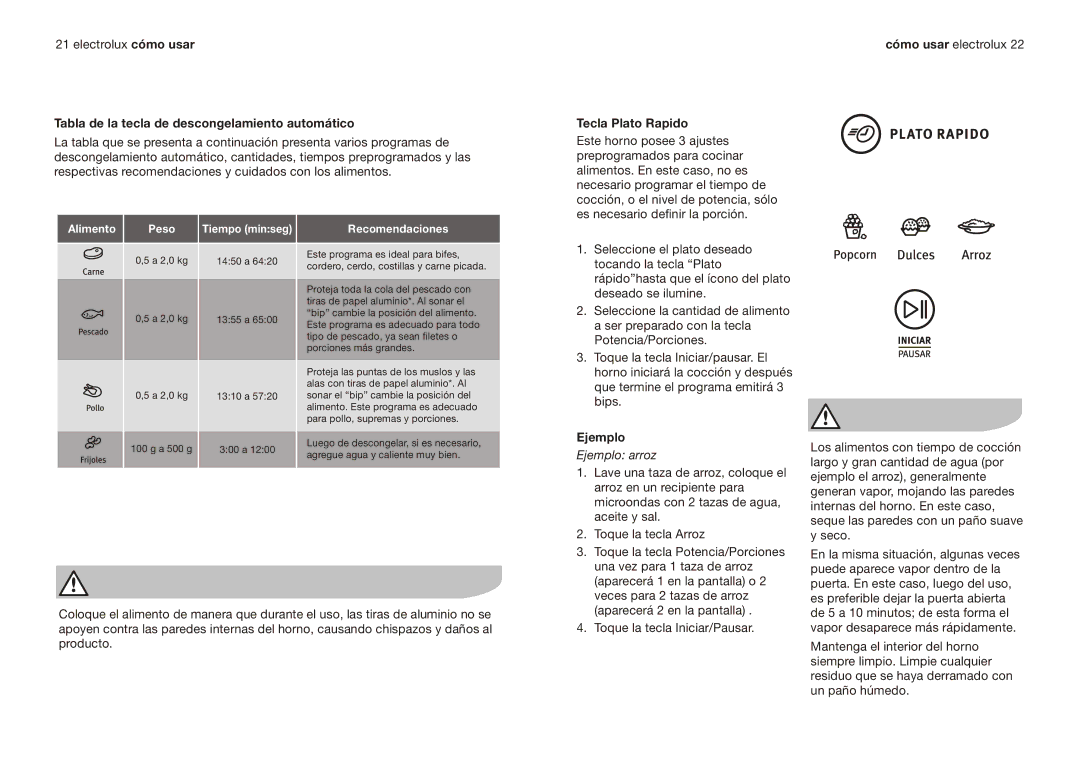 Electrolux EMMN121D2SMM manual Tabla de la tecla de descongelamiento automático, Tecla Plato Rapido, Ejemplo arroz 