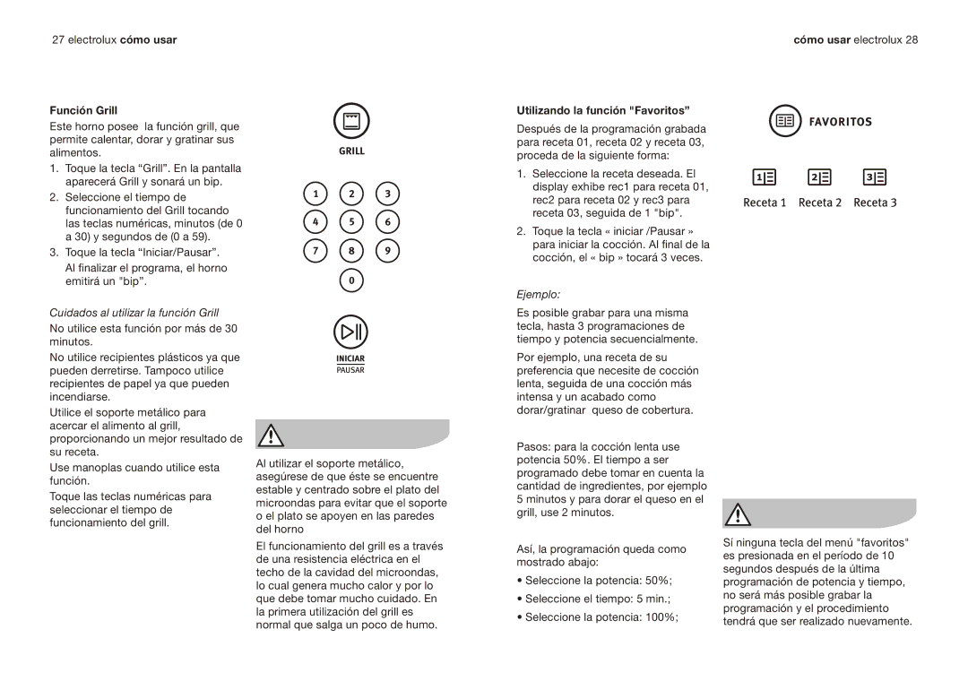 Electrolux EMMN121D2SMM Función Grill, Utilizando la función Favoritos, Cuidados al utilizar la función Grill, Ejemplo 