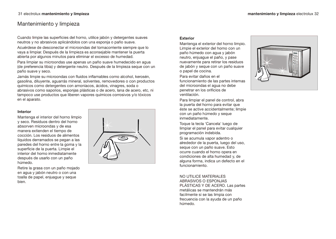 Electrolux EMMN121D2SMM manual Mantenimiento y limpieza, Electrolux mantenimiento y limpieza, Interior 