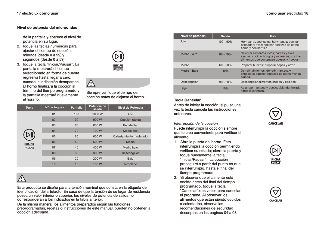 Electrolux EMMN121D2SMM manual Nivel de potencia del microondas, Tecla Cancelar, Interrupción de la cocción 