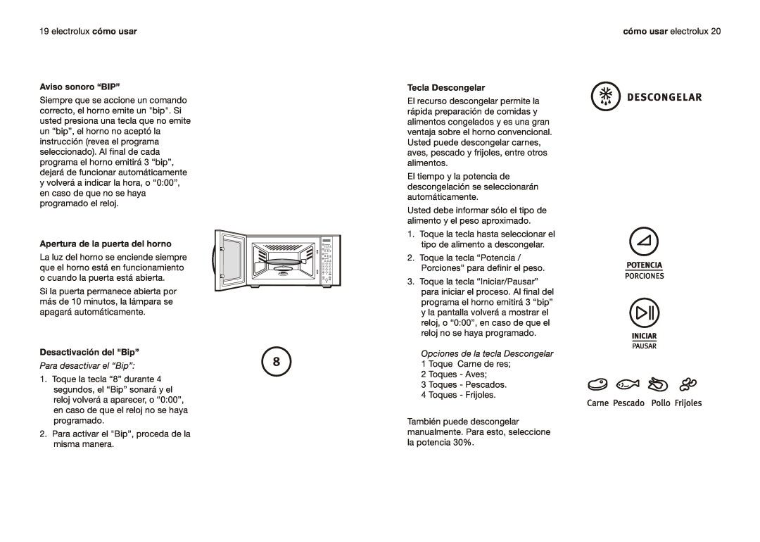 Electrolux EMMN121D2SMM Aviso sonoro “BIP”, Apertura de la puerta del horno, Desactivación del Bip”, Tecla Descongelar 