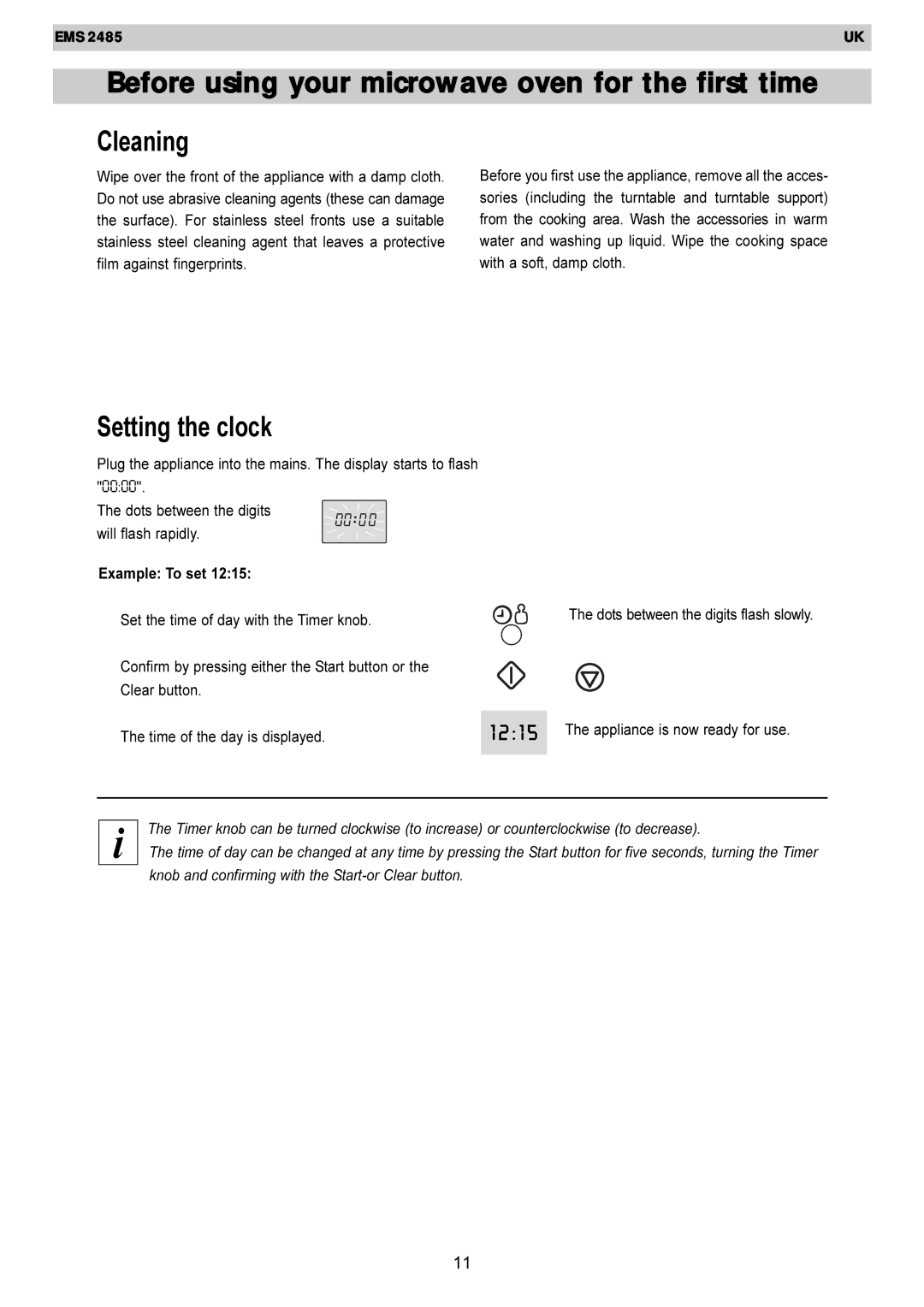 Electrolux EMS 2485 manual Before using your microwave oven for the first time Cleaning, Setting the clock 