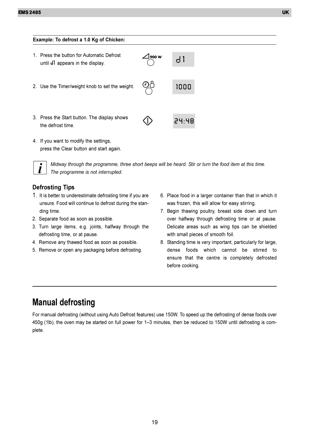 Electrolux EMS 2485 manual Manual defrosting, Defrosting Tips 