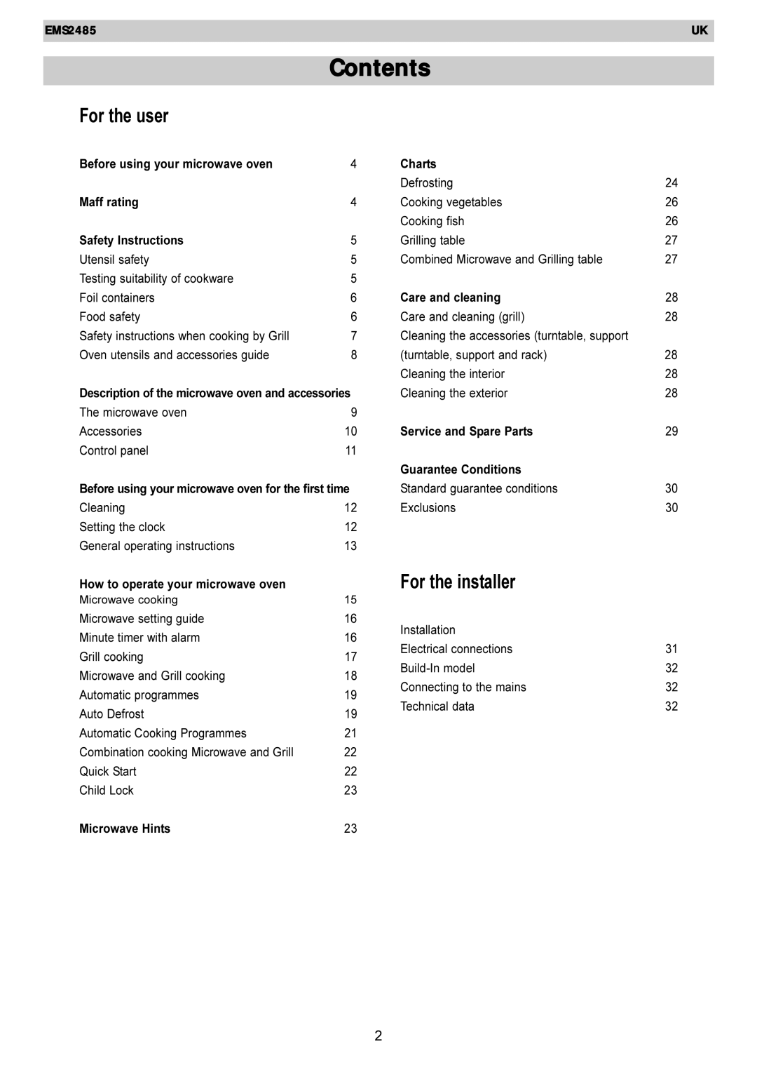 Electrolux EMS 2485 manual Contents 