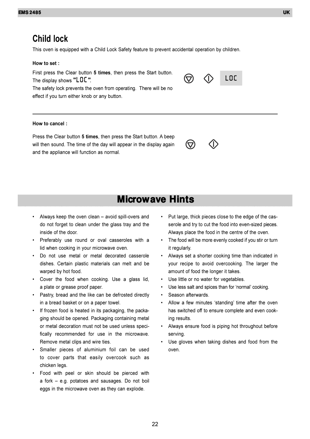 Electrolux EMS 2485 manual Child lock, Microwave Hints 