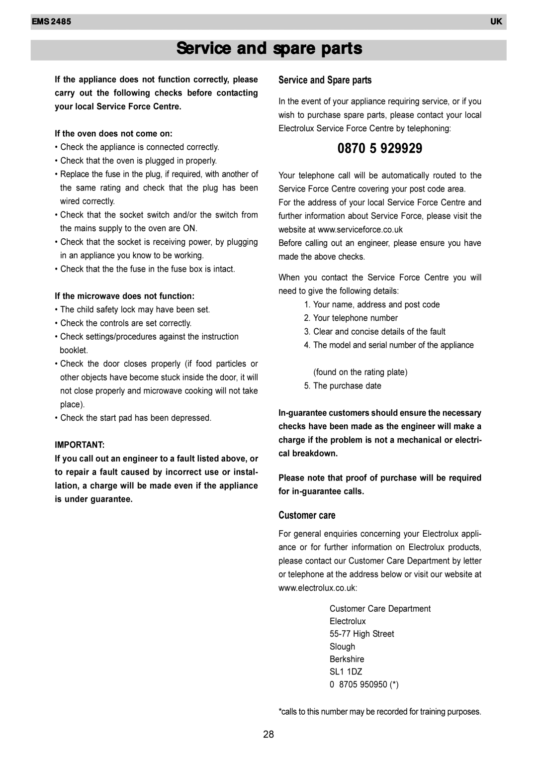 Electrolux EMS 2485 manual Service and spare parts, Service and Spare parts, Customer care 