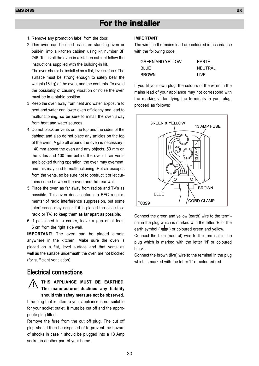 Electrolux EMS 2485 manual For the installer, Remove any promotion label from the door 