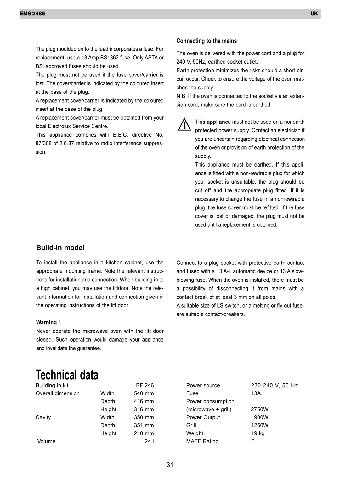 Electrolux EMS 2485 manual Connecting to the mains, Build-in model 