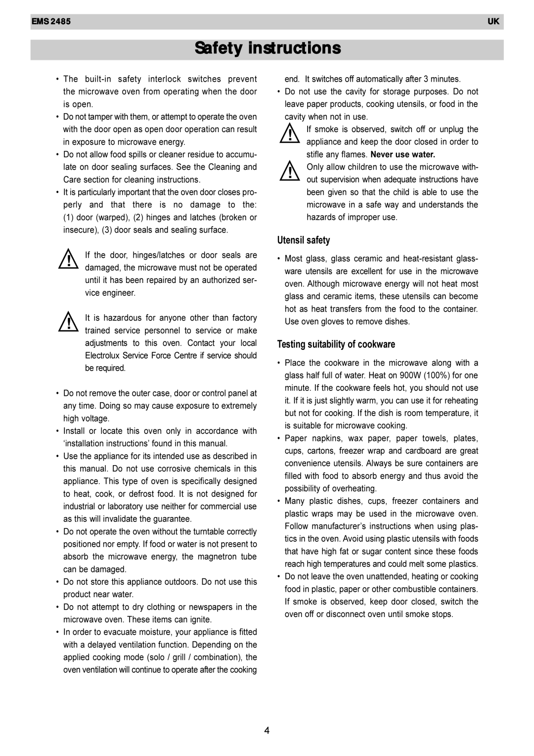 Electrolux EMS 2485 manual Safety instructions, Utensil safety, Testing suitability of cookware 