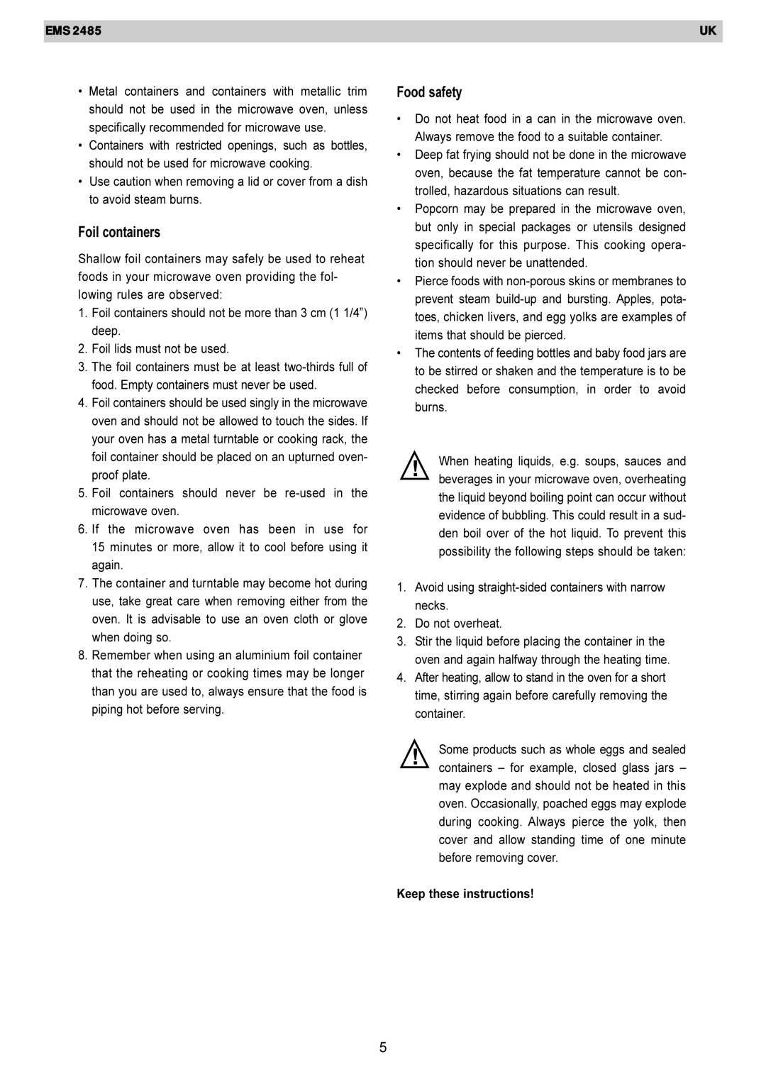 Electrolux EMS 2485 manual Foil containers, Food safety 