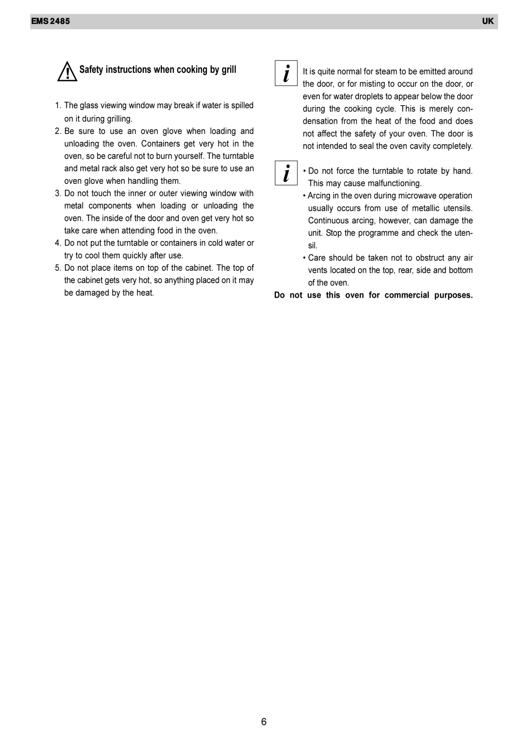 Electrolux EMS 2485 manual Safety instructions when cooking by grill 