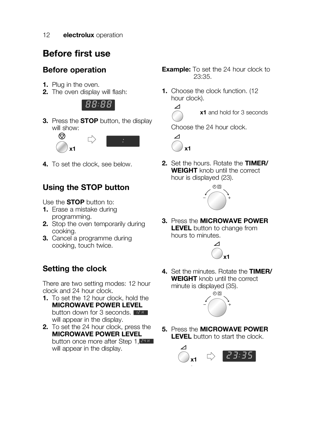 Electrolux EMS17206 user manual Before first use, Before operation, Using the Stop button, Setting the clock 