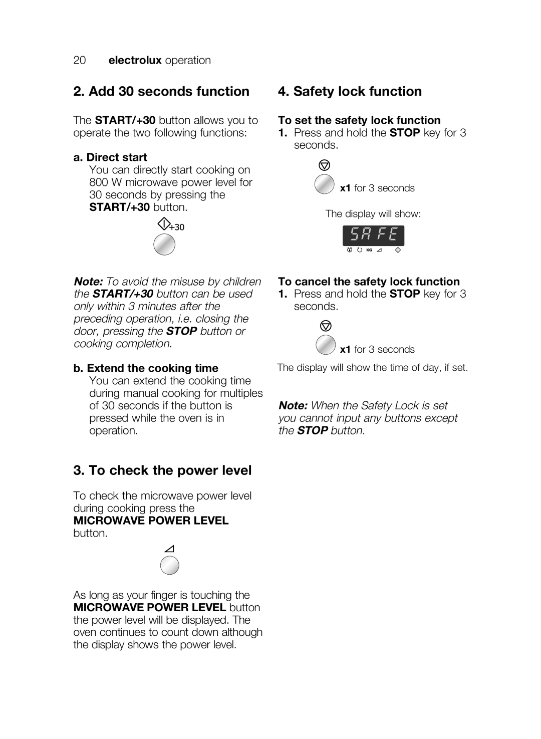 Electrolux EMS17206 user manual Add 30 seconds function, To check the power level, Safety lock function 