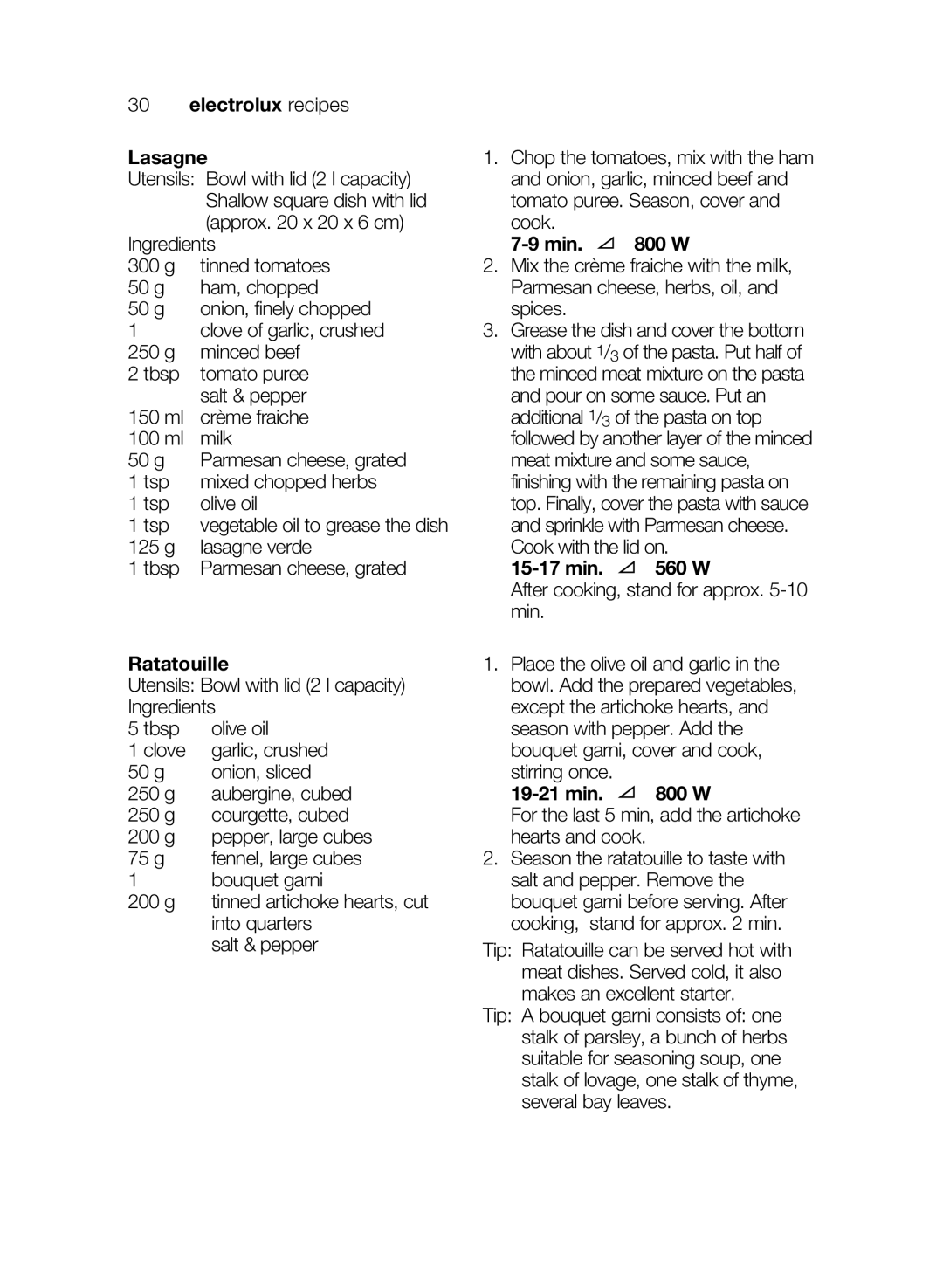 Electrolux EMS17206 user manual Electrolux recipes Lasagne, Ratatouille 