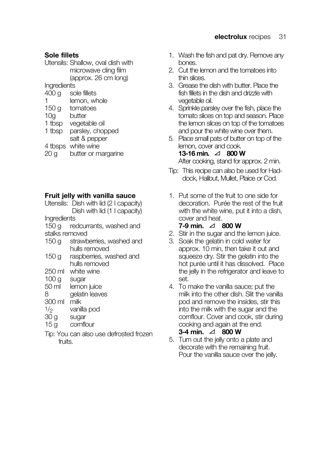 Electrolux EMS17206 user manual Sole fillets 