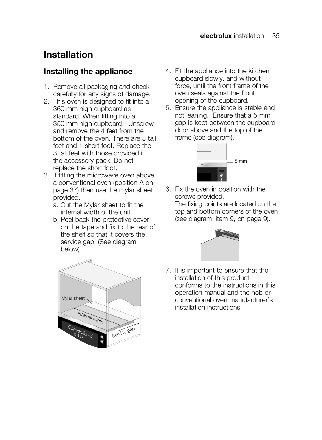 Electrolux EMS17206 user manual Installation, Installing the appliance 