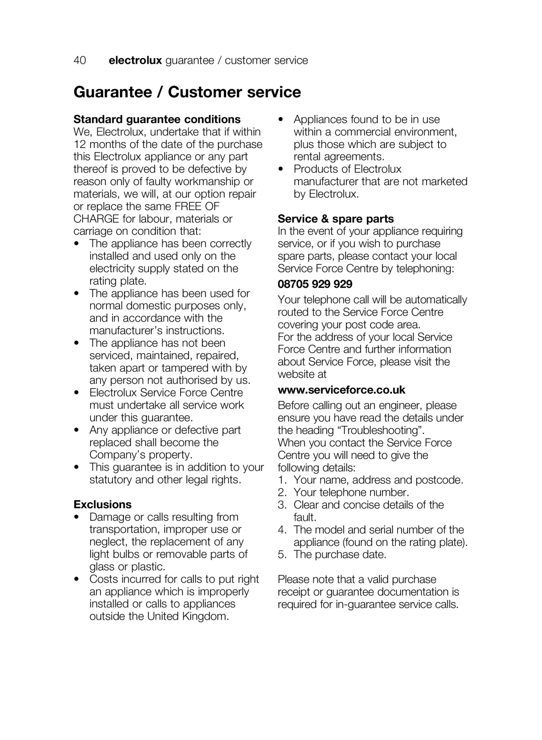 Electrolux EMS17206 user manual Guarantee / Customer service, Exclusions, Service & spare parts, 08705 929 