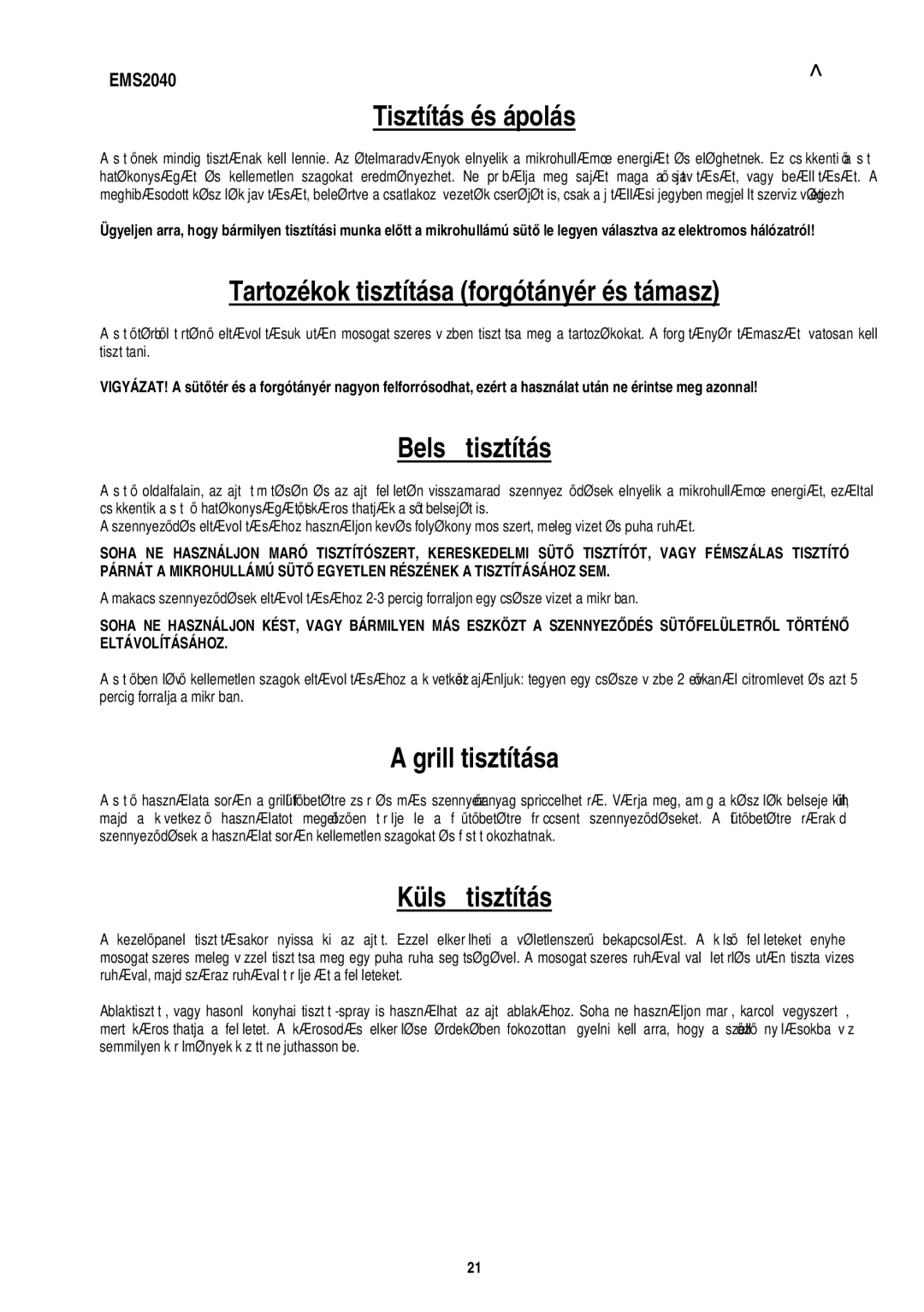 Electrolux EMS2040 user manual Tisztítás és ápolás 