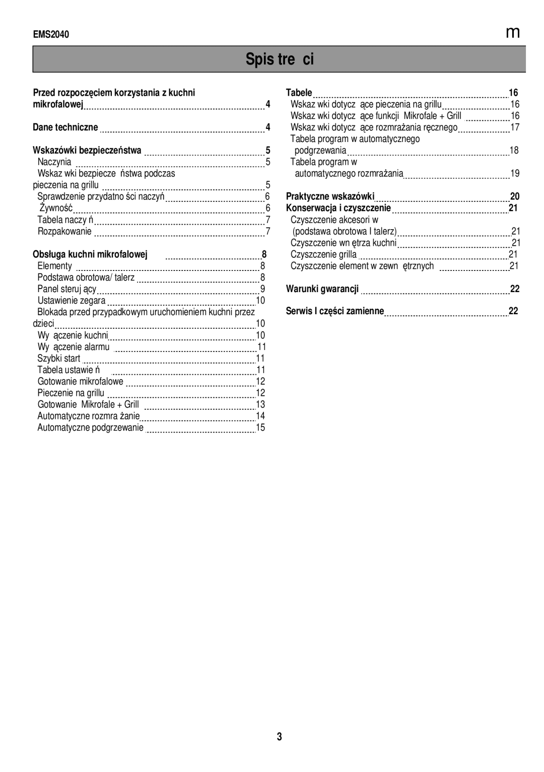 Electrolux EMS2040 user manual Spis treści, Dane techniczne, Tabele, Praktyczne wskazówki 