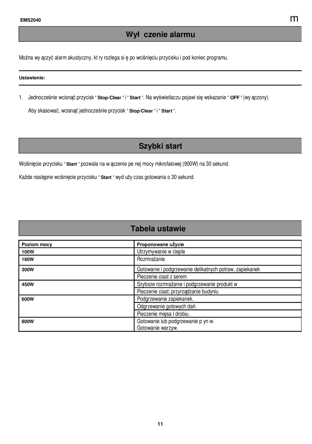 Electrolux EMS2040 user manual Szybki, Wyłączenie alarmu 