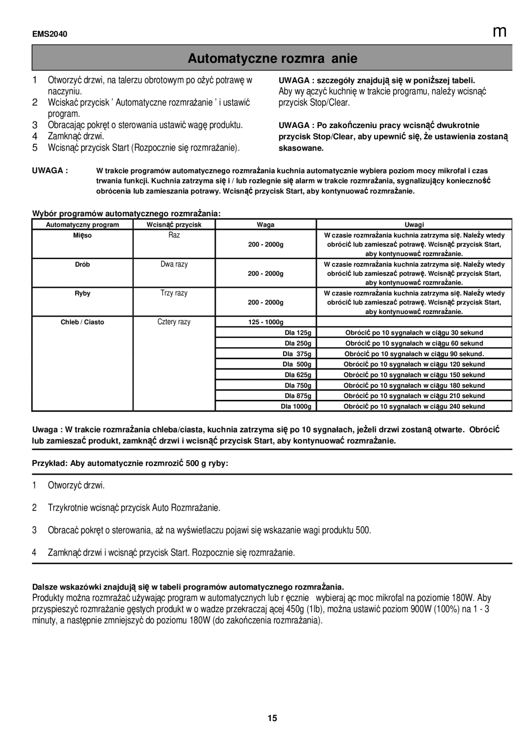 Electrolux EMS2040 user manual Automatyczne rozmrażanie 