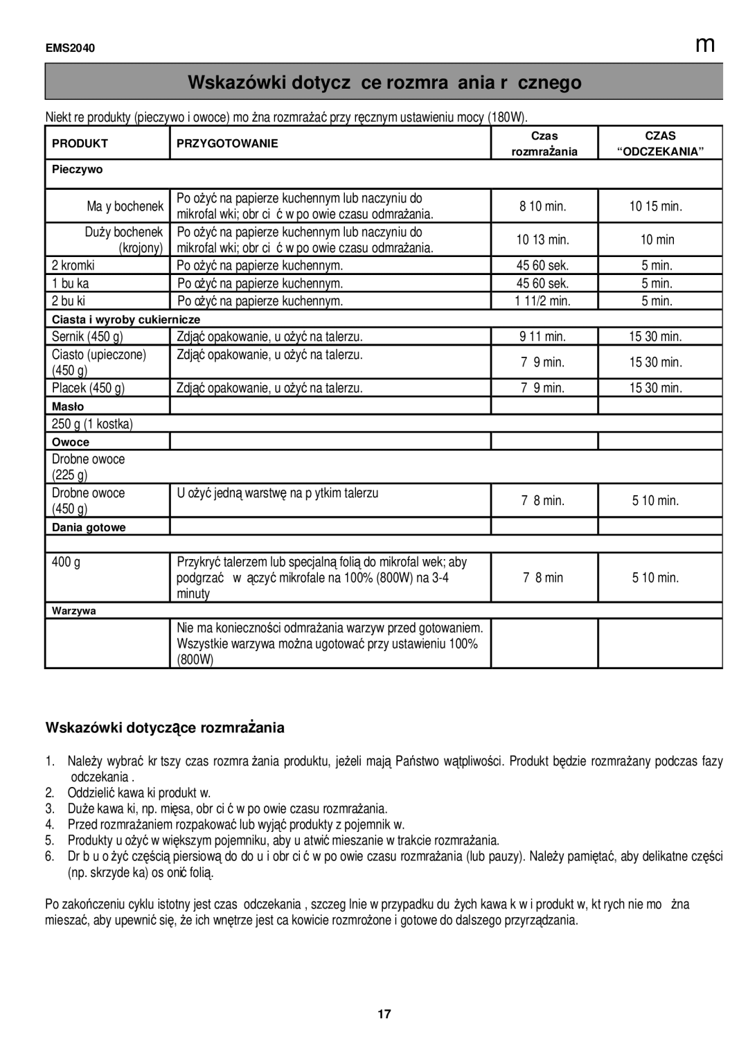 Electrolux EMS2040 user manual Wskazówki dotyczące rozmrażania ręcznego, Dania gotowe, Wskazówki dotycz ce rozmra ania 