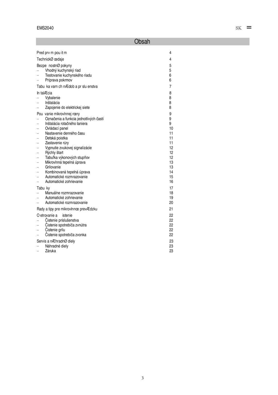 Electrolux EMS2040 user manual Obsah 