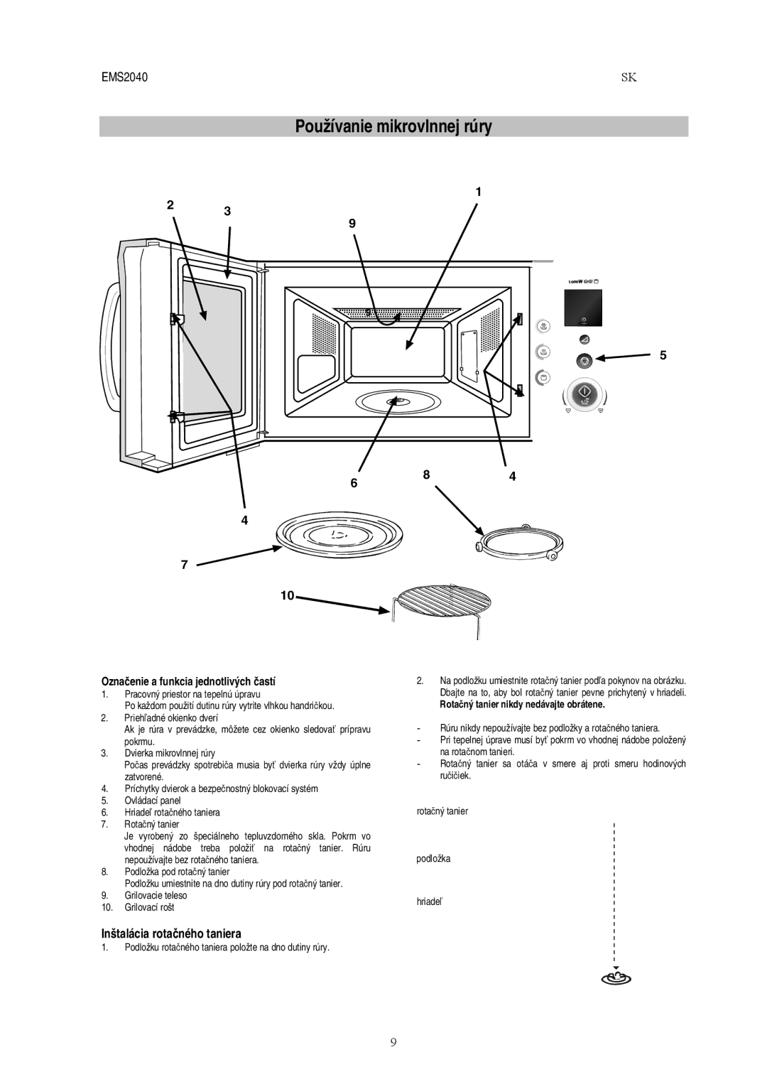 Electrolux EMS2040 user manual Používanie mikrovlnnej rúry, Inštalácia rota ného taniera, Astí 