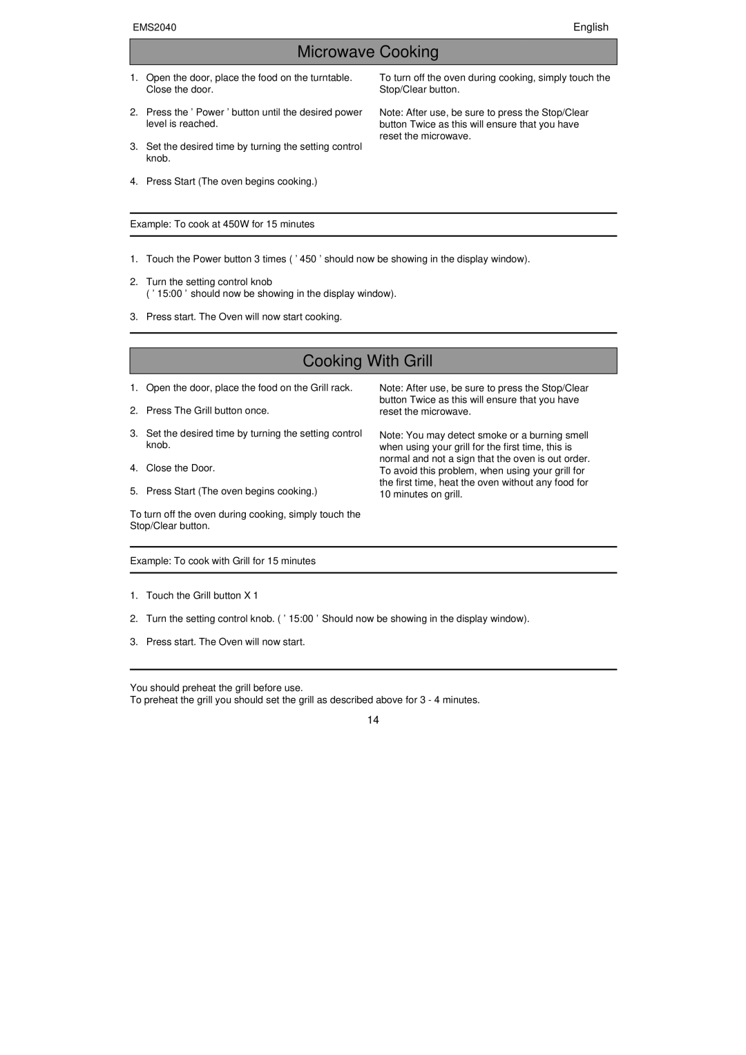 Electrolux EMS2040 user manual Microwave Cooking, Cooking With Grill, Press Start The oven begins cooking 