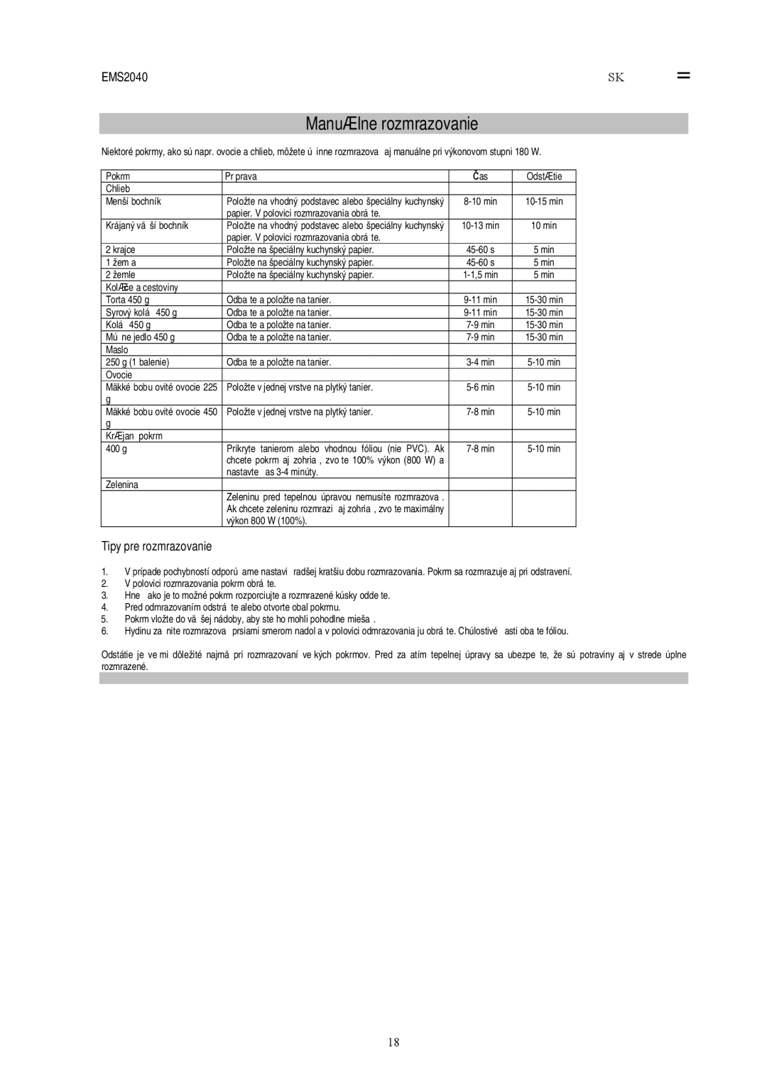 Electrolux EMS2040 user manual Manuálne rozmrazovanie 