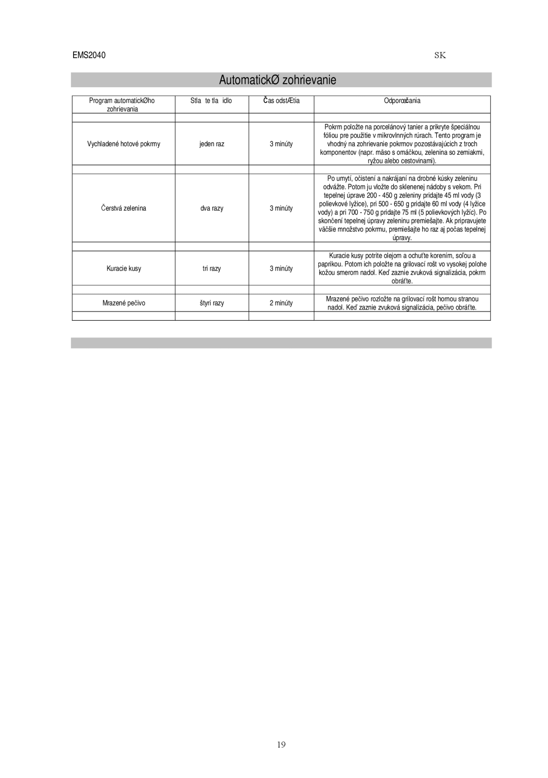 Electrolux EMS2040 user manual Automatické zohrievanie, As odstátia 